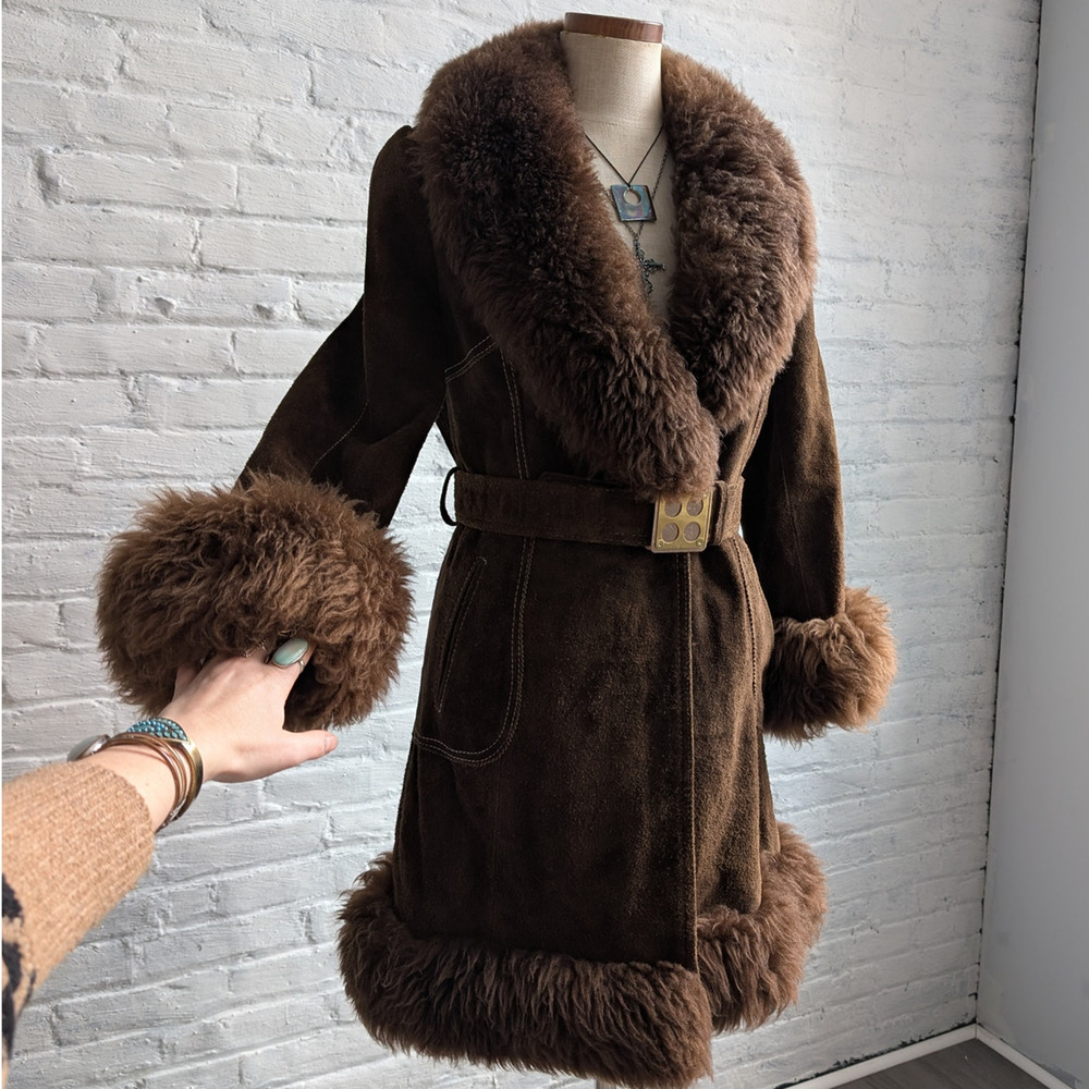Vintage Leather Jacket Penny Lane Jacket Faux Fur Coat 70s Tapestry Trench Coat - Picture 6 of 16